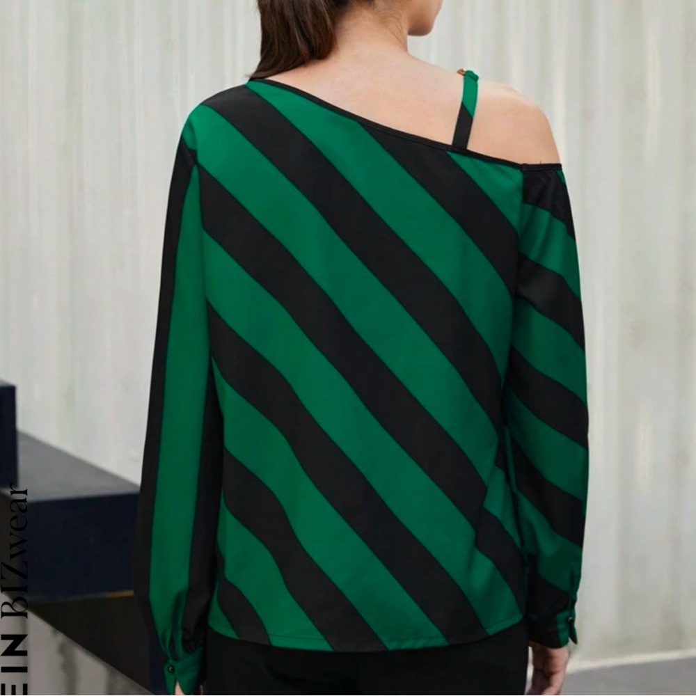 Green and black striped with neck chain long sleeve shirt
